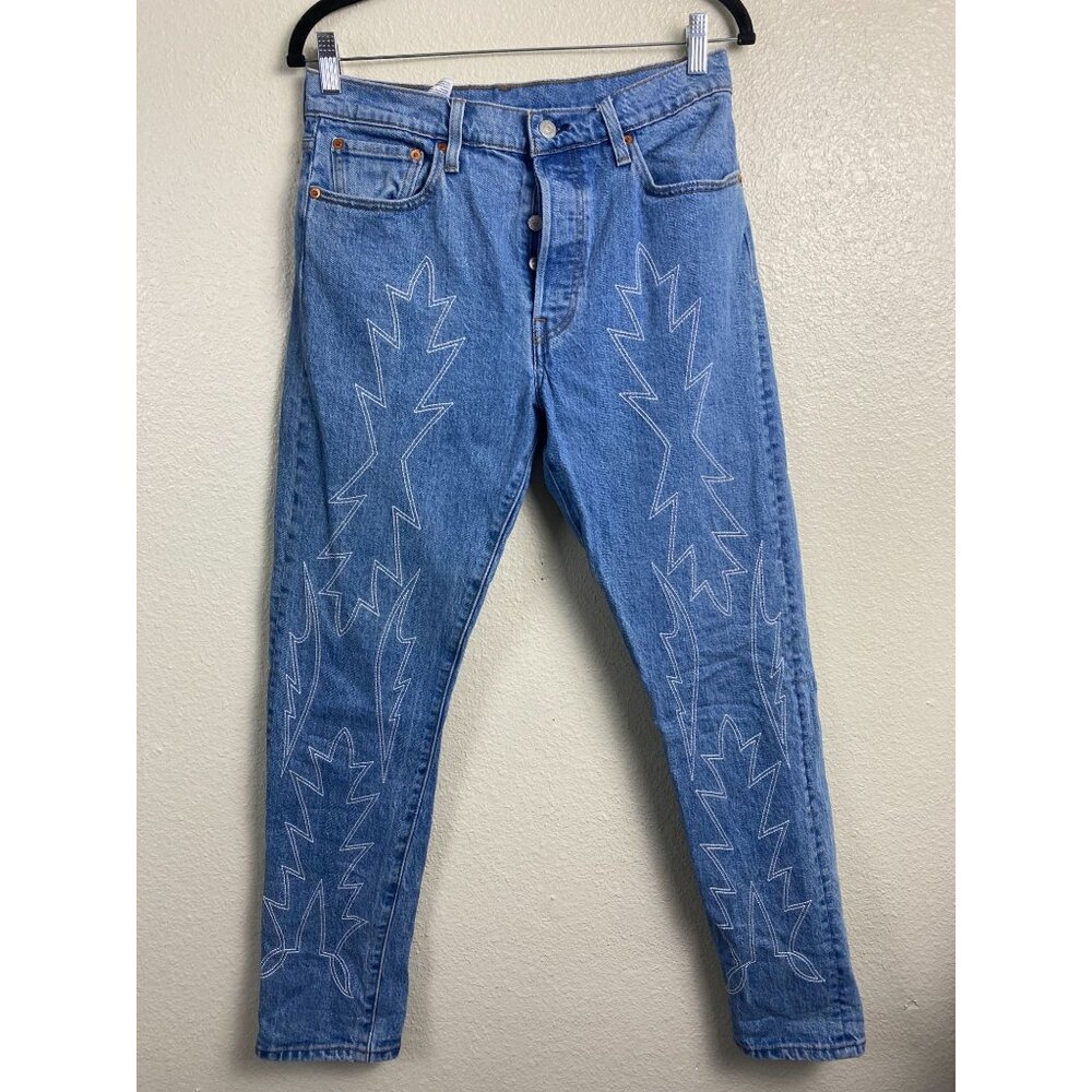 Levi’s 501 Del Norte Flame High Rise Embroidered Blue Jeans 29x30 Western